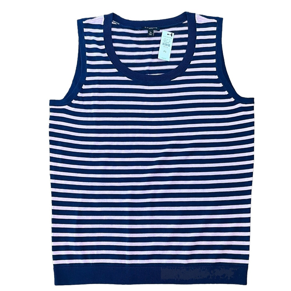 NWT $54 Talbots Tank Top Sz PS Pink/Navy Stripe Knit Sleeveless Nautical Preppy